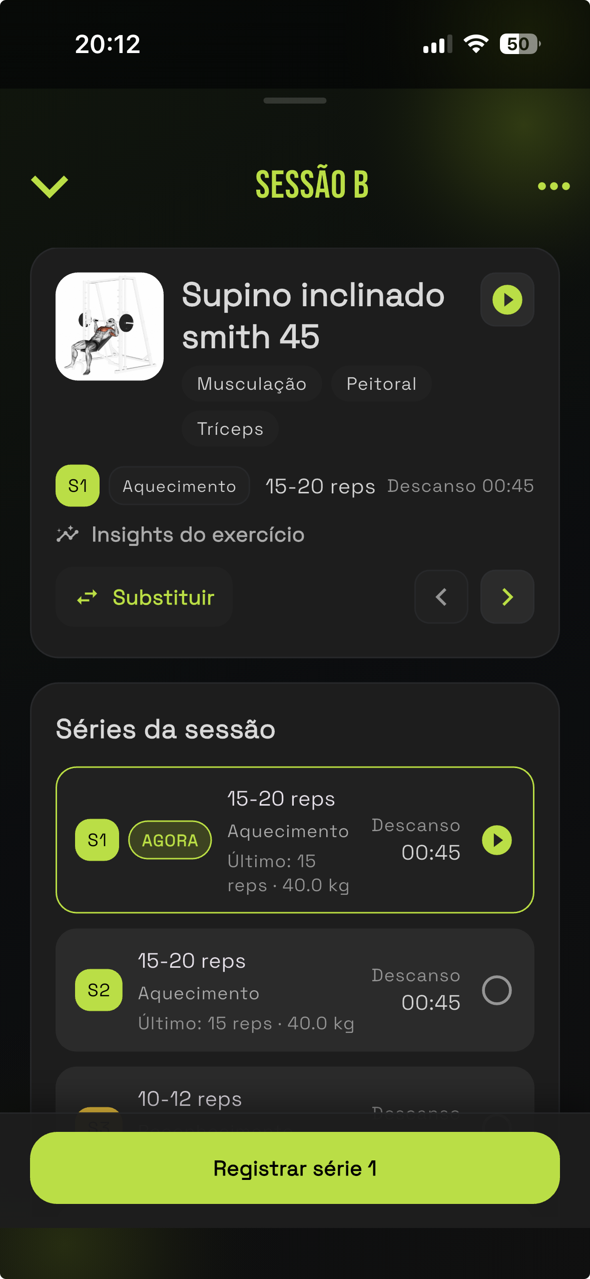 App do aluno mostrando treino