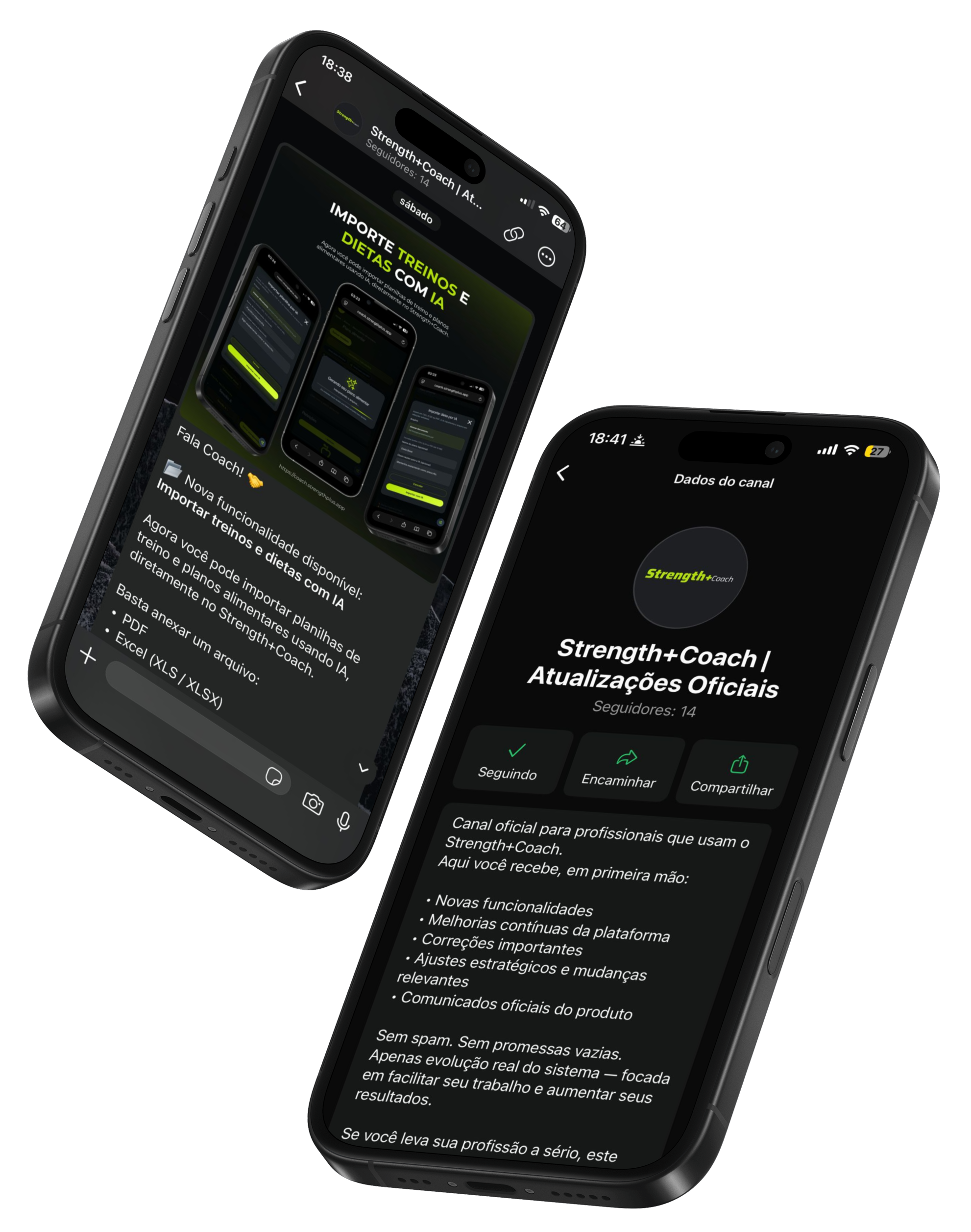 Preview do canal oficial do Strength+Coach no WhatsApp.